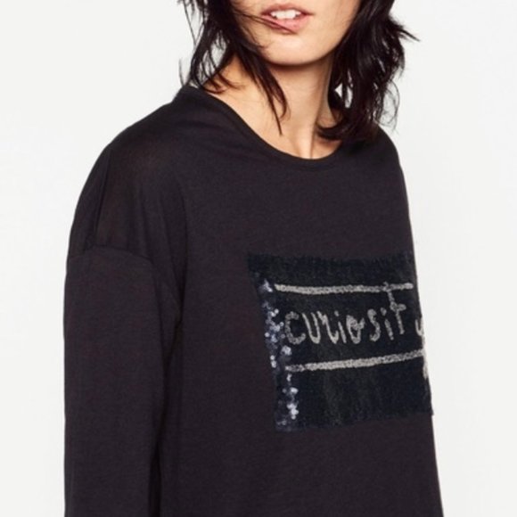 Zara "Curiosity" Sequins 3/4 Sleeve Navy Tee, M EUC - Picture 2 of 8